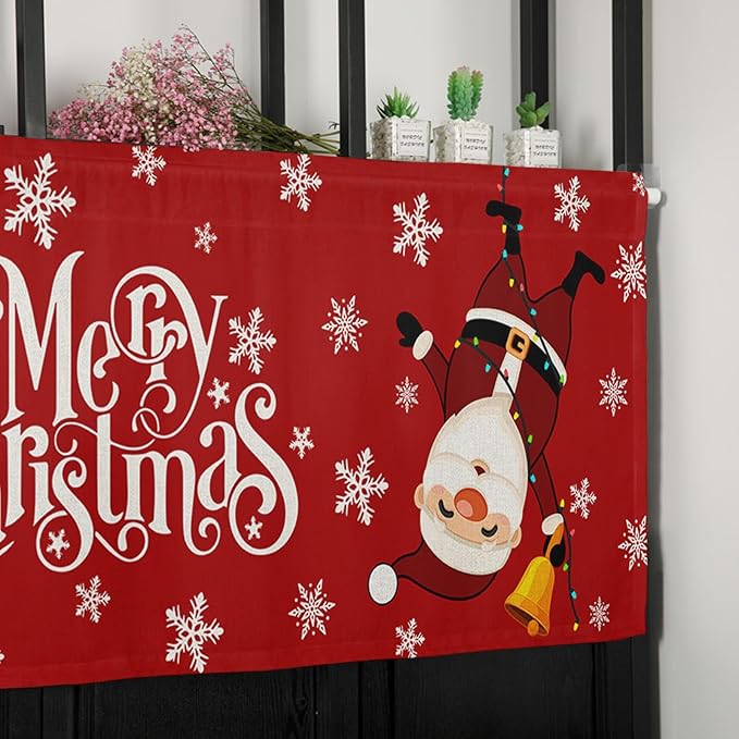 Red Merry Christmas Valance Curtains for Kitchen Windows Funny Hanging Santa Rod Pocket Window Treatment Toppers for Kitchen/Living Room/Bedroom/Bathroom, 42" X 12", Snow Winter Holiday
