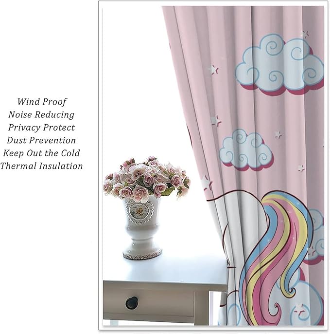 Unicorn Curtain for Kids Bedroom,Pink Cartoon Rainbow Darkening Curtains Decor Sliding Curtains Decorative Curtains for Girls Boys Baby Room,Living Room Decoration 63x63inch