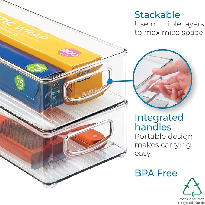 iDesign BPA-Free Plastic Pantry and Kitchen Storage, Freezer and Fridge Organizer Bin with Easy Grip Handles – 16" x 6" x 3", Clear
