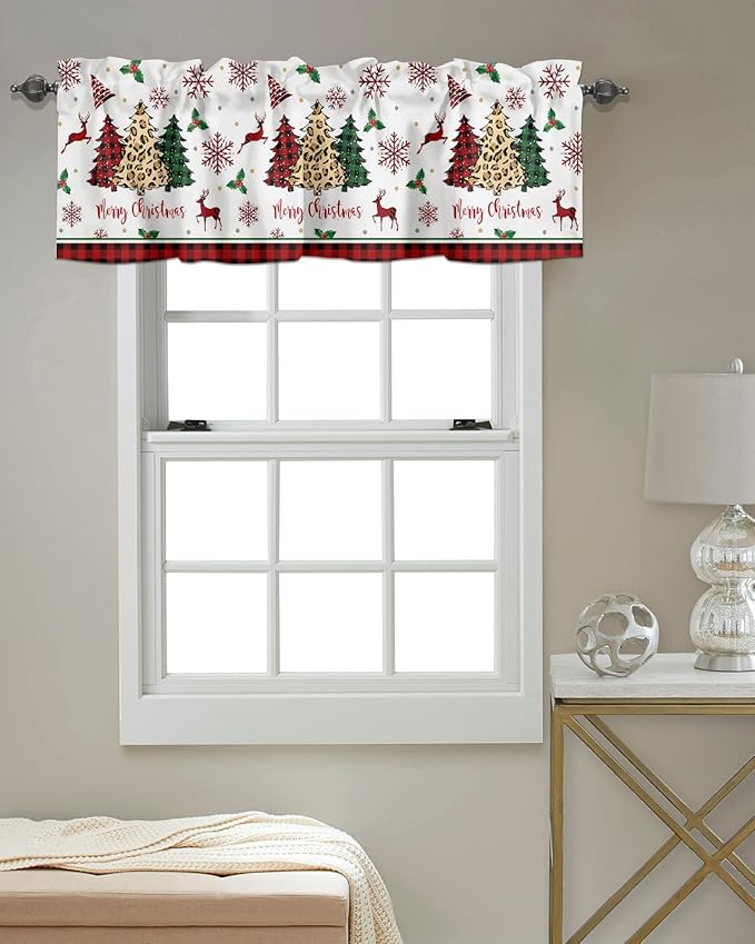 Merry Christmas Kitchen Curtains Valances for Windows Farm Christmas Tree Buffalo Plaid Leopard Rod Pocket Window Treatment for Kitchen/Living Room/Bedroom/Bathroom,42" X 18" -1 Panel, Holiday Decor