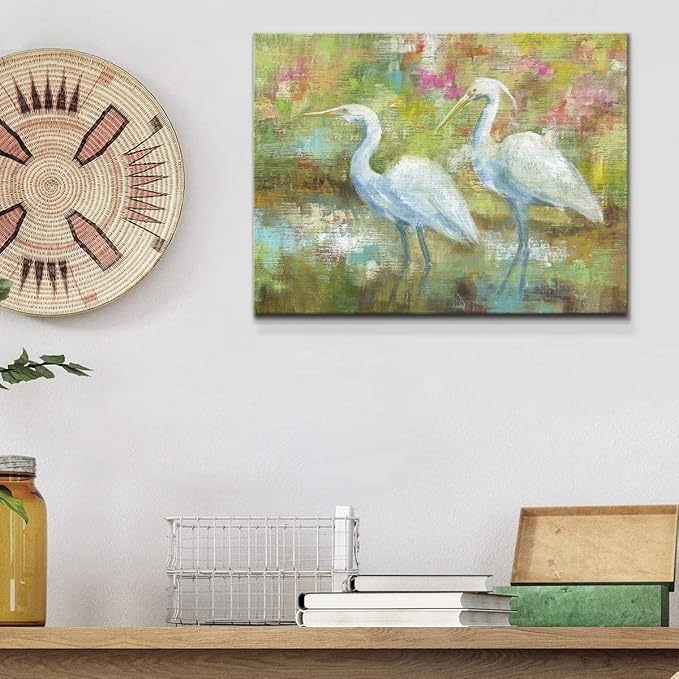 Renditions Gallery Canvas Nature Wall Art Modern Paintings Decorations Elegant White Egrets Abstract Multicolored Bontanical Wall Hanging Artwork for Bedroom Office Kitchen - 12"x18" LT33