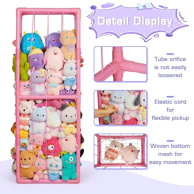Trycooling Stuffed Animal Storage Zoo Stuffed Animal Holder Space Save Vertical Stuffed Animals Storage PVC with Elastic Band and Net for Playroom Birthday Gift for Bedroom Nursery (Pink 1)