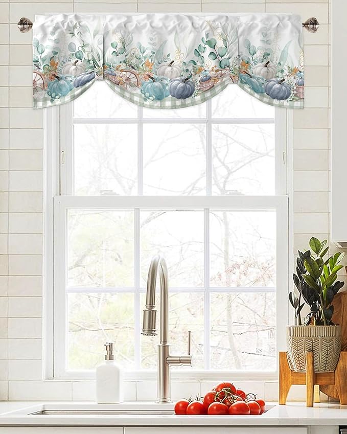 Fall Thanksgiving Blackout Tie Up Valance Curtains for Kitchen Windows Navy Blue Pumpkins Green Eucalyptus Leaves Window Toppers Balloon Shades for Living Room/Bathroom/Bedroom,54" X 18",Sage Plaid