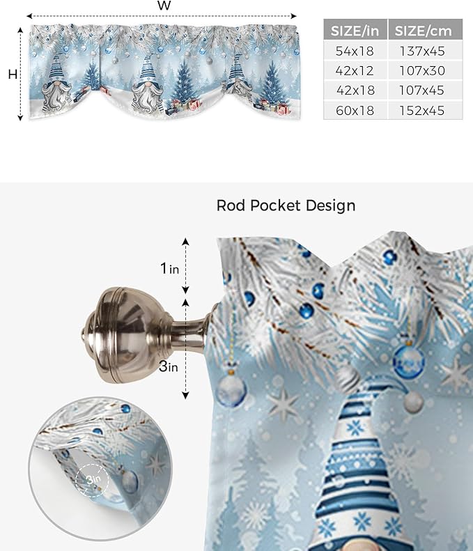 Christmas Gnome Blackout Tie Up Valance Curtains for Kitchen Windows Winter Merry Christmas Tree Balls Window Toppers Balloon Shades for Living Room/Bathroom/Bedroom,1 Panel, 42" X 18", Blue