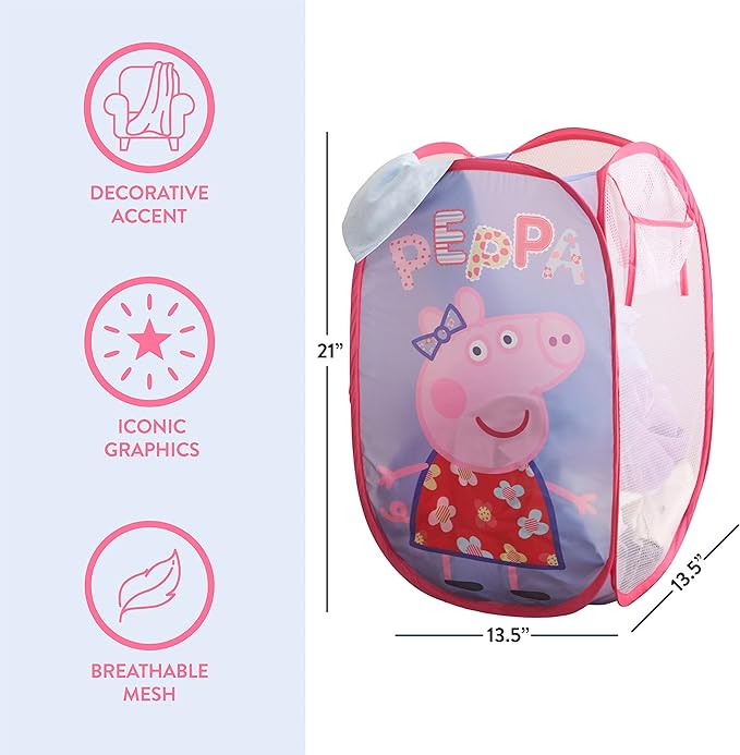Idea Nuova Peppa Pig Pop Up Hamper with Durable Carry Handles, 21'' H x 13.5'' W X 13.5'' L, Peppa Pig/Light Purple
