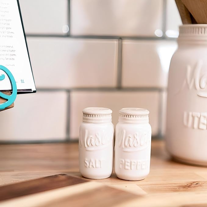 Mason Jar Kitchen Accessories Set - Ceramic Jar with Lid, Measuring Cups & Spoons, Utensil Holder for Stove, and Sponge Holder Ceramic - Vintage Utensil Rest & Condiment Shakers (White, 17-Pieces)