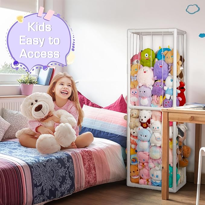 Trycooling Stuffed Animal Storage Zoo Stuffed Animal Holder Space Save Vertical Stuffed Animals Storage PVC with Elastic Band and Net for Playroom Birthday Gift for Bedroom Nursery (White 1)