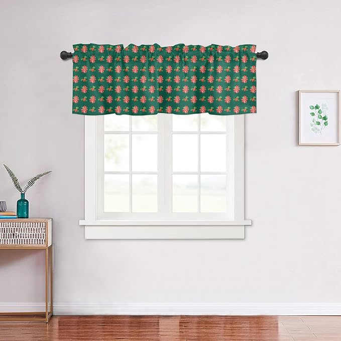 Holy Berries Christmas Window Valance for Kitchen Living Room, Red Floral Window Curtain for Bedroom Bathroom, Winter Windows Valance Rod Pocket Window Treatment, Christmas Decors, 54" W x 18" L