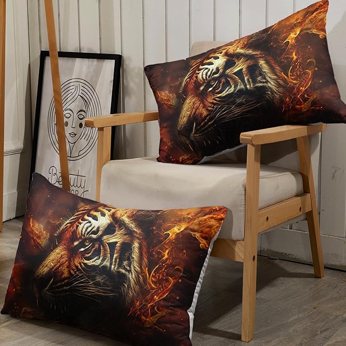 AILONEN Tiger Fitted Sheet Set Twin Size, 3D Fire Animal Tiger Bed Sheet Wildlife Sheet Set,Teen Boys 3 Pieces Printed Safari Tiger Fitted Sheet with 2 Pillowcases