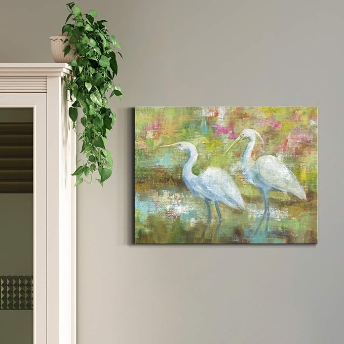 Renditions Gallery Canvas Nature Wall Art Modern Paintings Decorations Elegant White Egrets Abstract Multicolored Bontanical Wall Hanging Artwork for Bedroom Office Kitchen - 12"x18" LT33