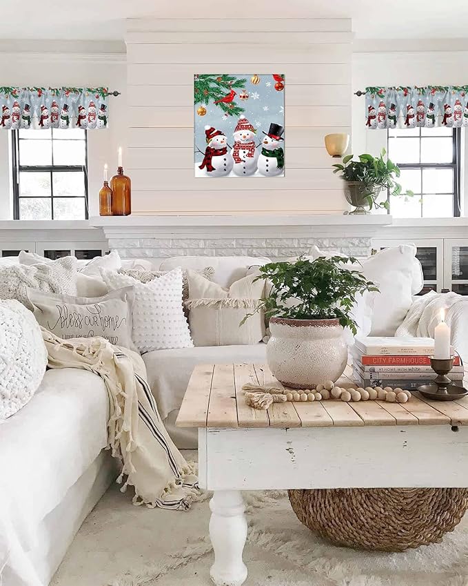 Christmas Kitchen Curtains Valances for Windows Snowman Cardinal Rod Pocket Window Treatment for Kitchen/Living Room/Bedroom/Bathroom,42" X 18" -1 Panel, Bluish Grey Winter Holiday