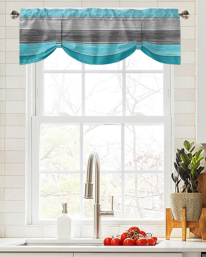 Farmhouse Blackout Tie Up Valance Curtains for Kitchen Windows, Aqua Blue Gray Window Toppers Balloon Shades for Living Room/Bathroom/Bedroom,1 Panel,54" X 18" Retro Rustic Barn Wood Texture
