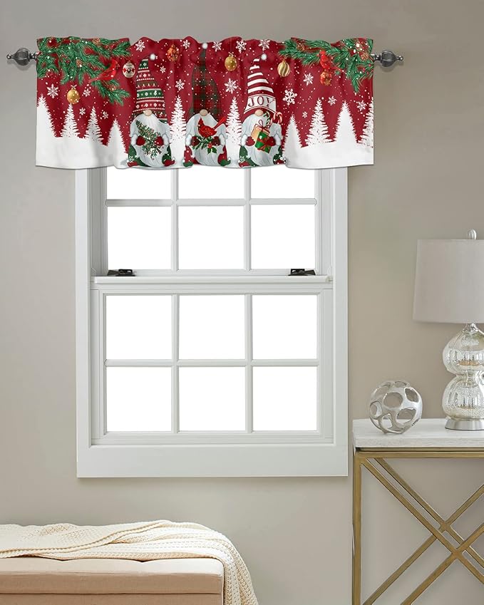 Christmas Gnomes Kitchen Curtains Valances for Windows Red Winter Holidays Rod Pocket Window Treatment for Kitchen /Living Room/Bedroom/ Bathroom,42" X 18" -1 Panel, White Snowflakes Xmas Trees