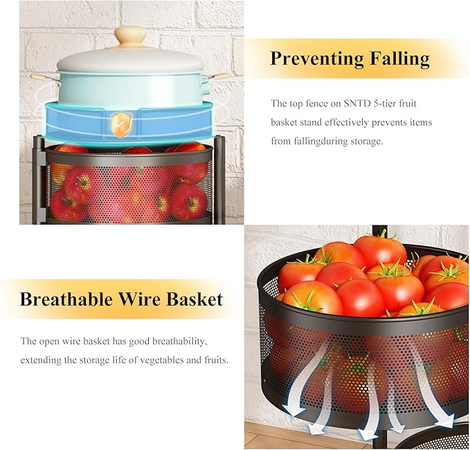 Fruit and Vegetable Basket Bowls for Kitchen with Metal Top Lid, SNTD 5 Tier Rotating Storage Rack Cart for Potato Onion Bread Banana, Wire Basket Organizer on Wheels, Large, Black