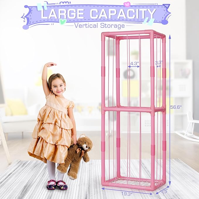 Trycooling Stuffed Animal Storage Zoo Stuffed Animal Holder Space Save Vertical Stuffed Animals Storage PVC with Elastic Band and Net for Playroom Birthday Gift for Bedroom Nursery (Pink 1)