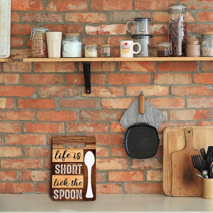 Life Is Short Lick the Spoon Cutting Board Gifts, Wood Cutting Boards for Kitchen, House Warming Gifts New Home, Kitchen Wall Art, Christmas Birthday Gifts for Women Mom Grandma 8 x 12 Inch