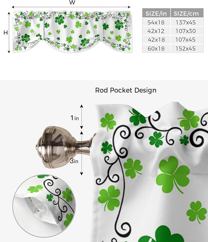 St. Patrick's Day Blackout Tie Up Valance Curtains for Kitchen Windows Green Shamrock Irish Clover Window Toppers Balloon Shades for Living Room/Bathroom/Bedroom,1 Panel, 42" X 12", Spring Holiday