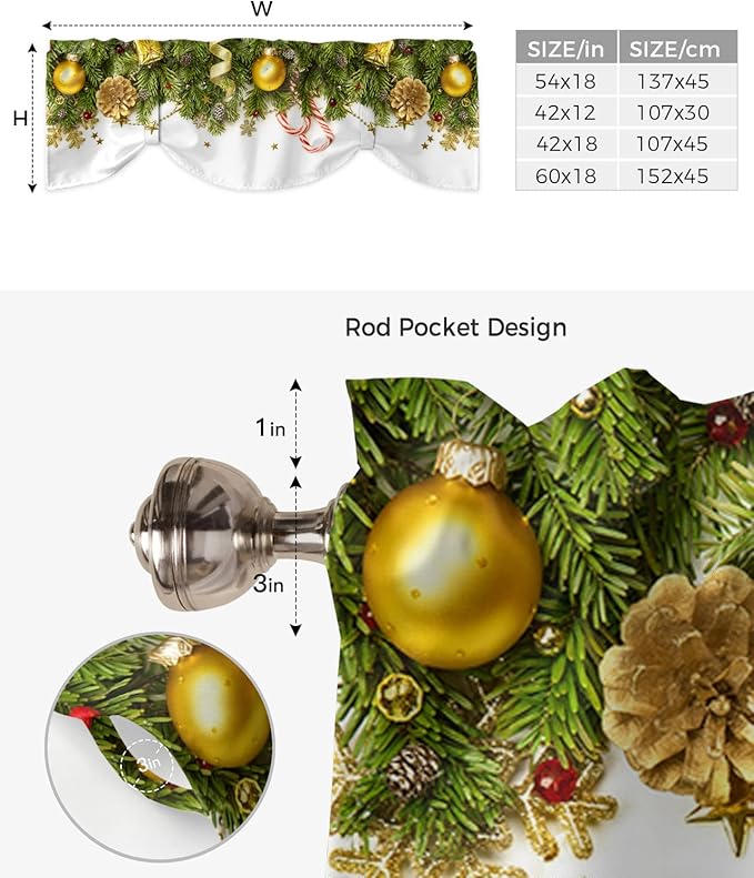 Christmas Blackout Tie Up Valance Curtains for Kitchen Windows Pine Cones Window Toppers Balloon Shades for Living Room/Bathroom/Bedroom,1 Panel,60" X 18" Golden Ornament Balls