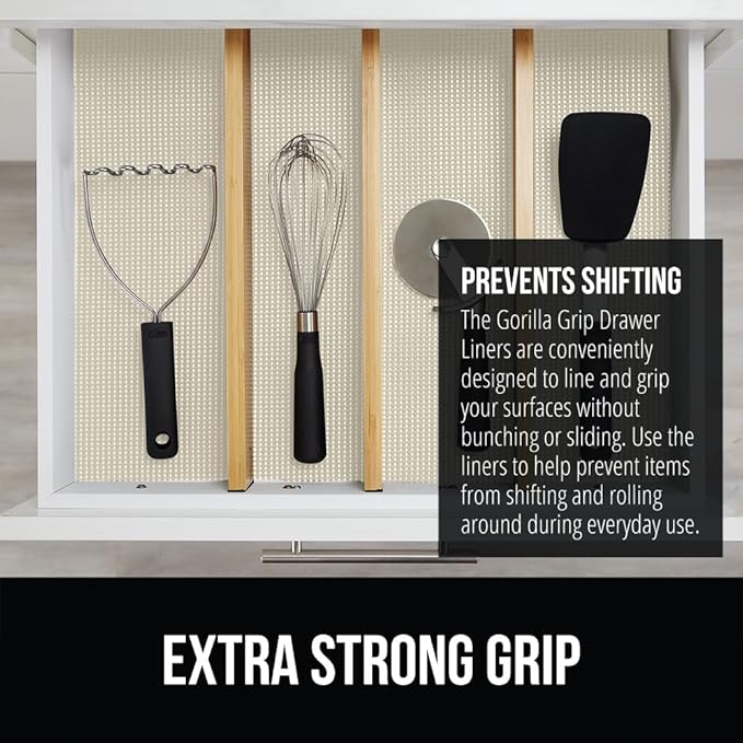 Gorilla Grip powerGRIP Drawer Shelf and Cabinet Liner, Thick Strong Hold, Non-Adhesive Liners Protect Kitchen Cabinets and Cupboard, Bathroom Drawers, Easy Install, Breathable Mat, 17.5" x20', Cream