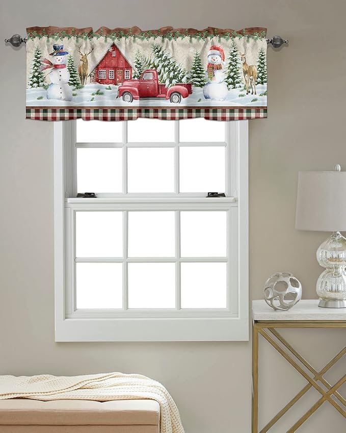 Vandarllin Christmas Farmhouse Kitchen Curtains Valances for Windows Snowman Farm Red Truck Rod Pocket Window Treatment for Kitchen/Living Room/Bedroom/Bathroom,42" X 12" -1 Panel, Winter Holiday