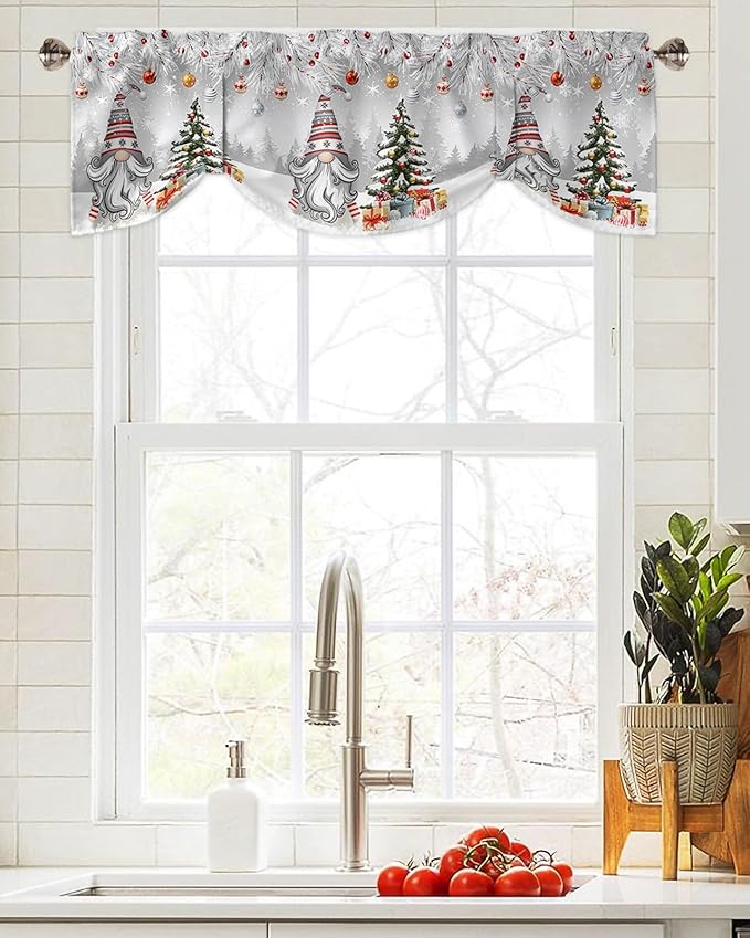 Christmas Gnome Blackout Tie Up Valance Curtains for Kitchen Windows Winter Merry Christmas Tree Balls Window Toppers Balloon Shades for Living Room/Bathroom/Bedroom,1 Panel, 60" X 18", Grey