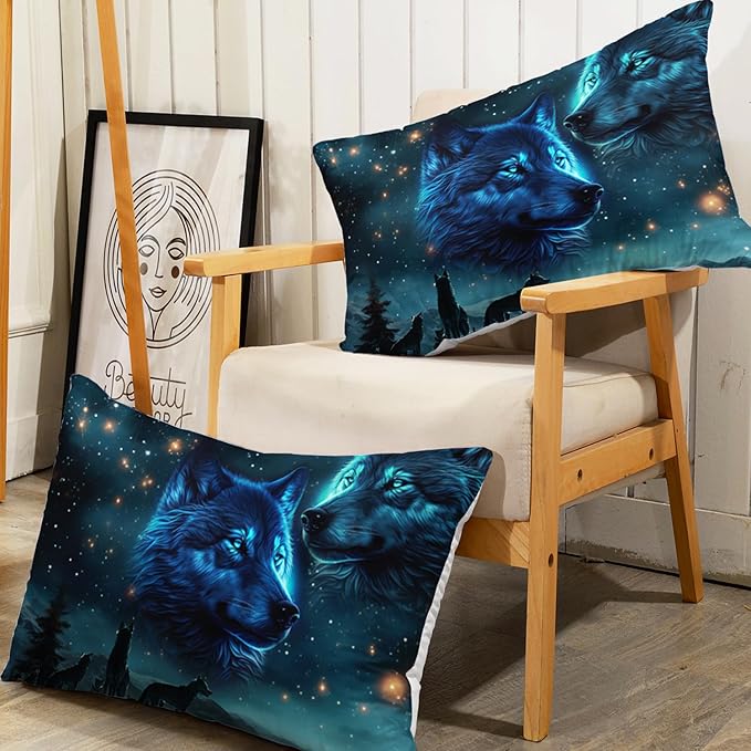 AILONEN Boys Wolf Fitted Sheet Set Full Size, 3 Pieces Evening Starry Bedding Set Wild Animal Wolf Sheet Set for Boys Men Kids,Wildlife Bed Sheet Set Wolf Fitted Sheet with 2 Pillowcases