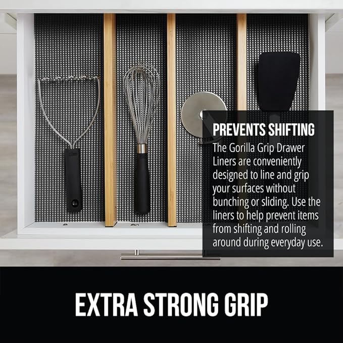 Gorilla Grip powerGRIP Drawer Shelf and Cabinet Liner, Thick Strong Hold, Non-Adhesive Liners Protect Kitchen Cabinets and Cupboard, Bathroom Drawers, Easy Install, Breathable Mat, 20" x20', Charcoal