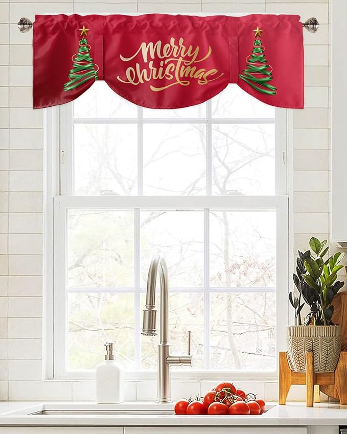 Merry Christmas Blackout Tie Up Valance Curtains for Kitchen Windows Christmas Tree Window Toppers Balloon Shades for Living Room/Bathroom/Bedroom,1 Panel,54" X 18" Winter Holidays