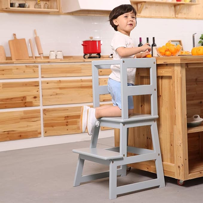 SDADI Kids Kitchen Step Stool Holds up to 150 Pounds with Safety Rail, Wide Platform Design, 4 Anti Slip Strips for 18 to 36 Months Old, Gray