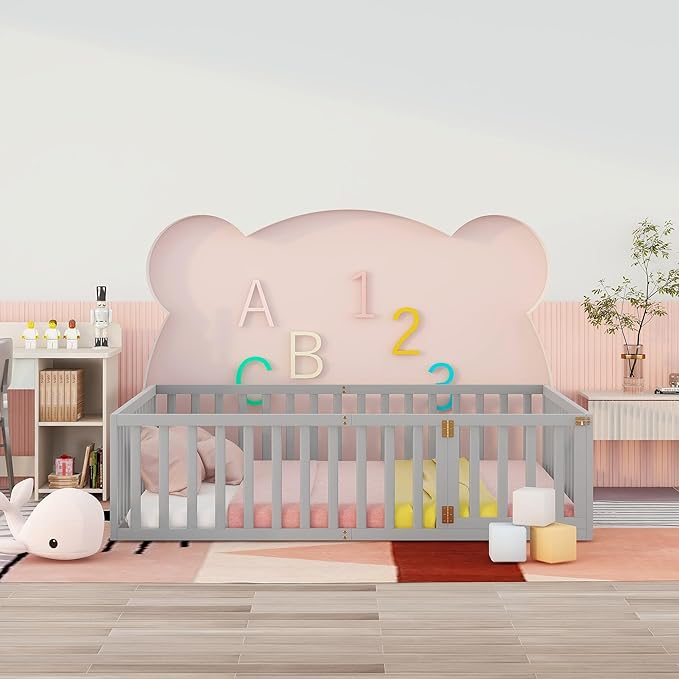 Queen Size Floor Bed with Fence, Solid Wood Floor Bed Frame for Kids with Door, Twin Platform Bed for Boys and Girls Kids Teens, Fun Design, for Children Bedroom