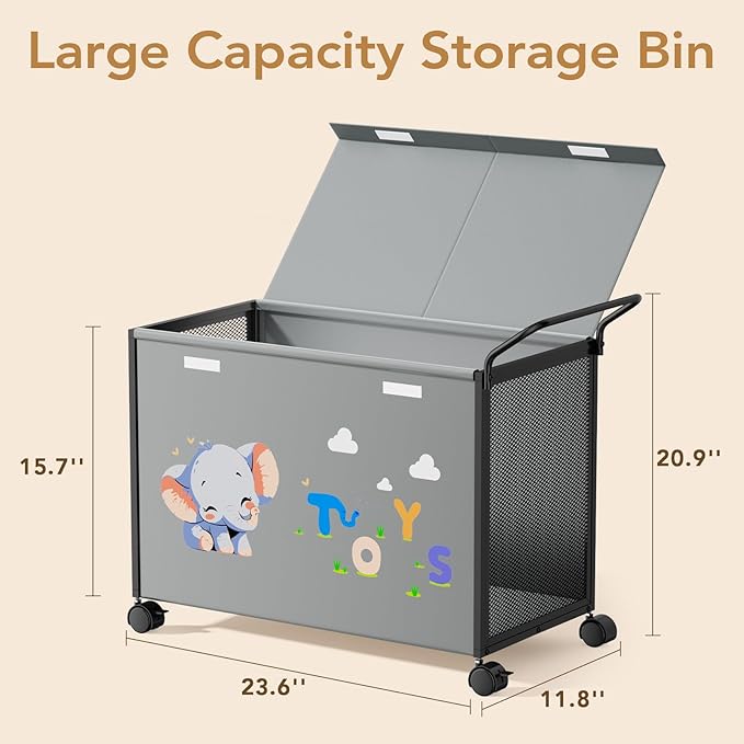 Toy Box Toy Storage - 72L Kids Toy Organizer with Wheels Toy Chest Storage Bins with Lids, Toy Boxes for Girls Boys, Stuffed Animals, Clothes, Bedroom, Living Room (grey)