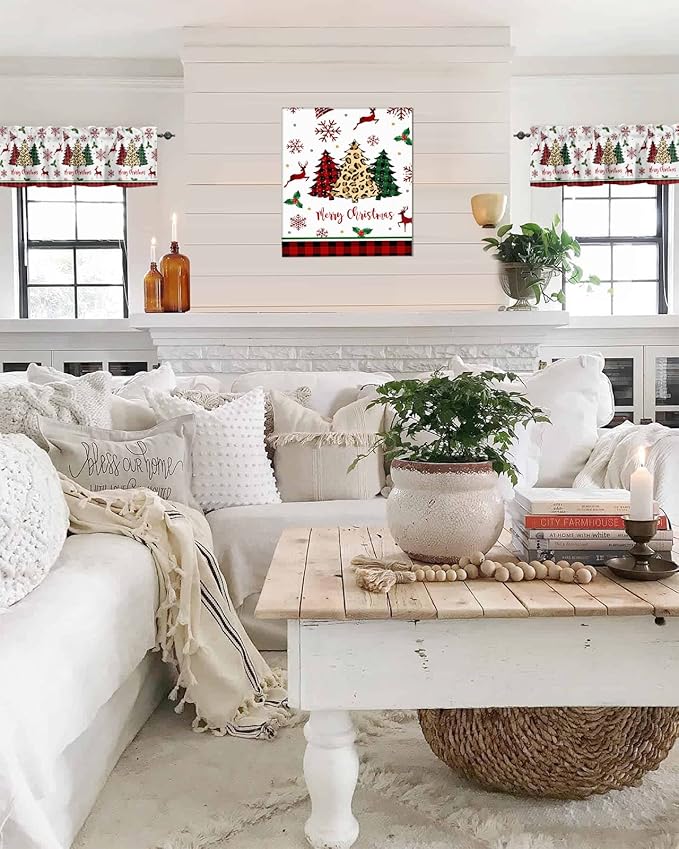 Merry Christmas Kitchen Curtains Valances for Windows Farm Christmas Tree Buffalo Plaid Leopard Rod Pocket Window Treatment for Kitchen/Living Room/Bedroom/Bathroom,42" X 18" -1 Panel, Holiday Decor