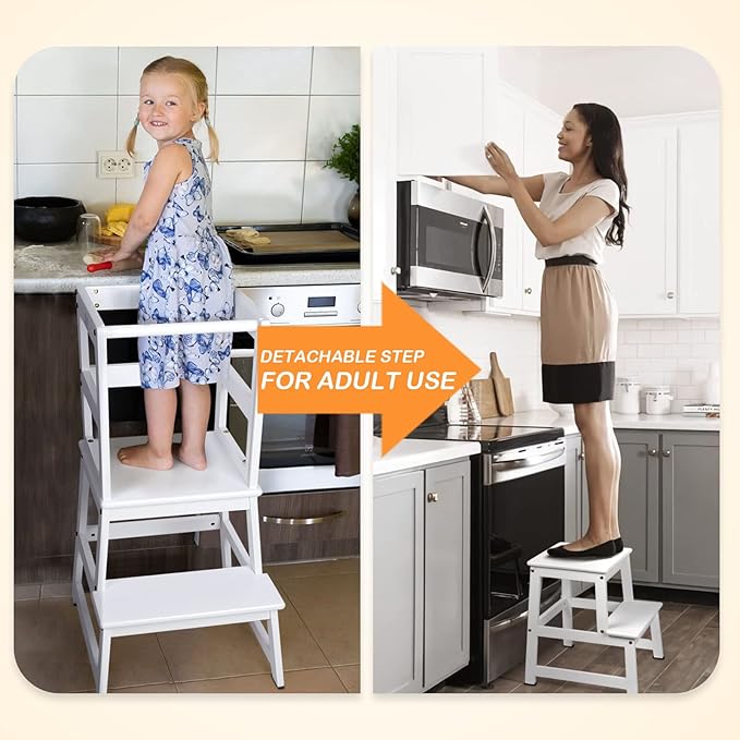 Kids Kitchen Step Stool with Chalkboard & Safety Rail for Toddlers 18 Months and Older, Safety Anti-Slip Protection, Removable Step Stool for Adult Use, White