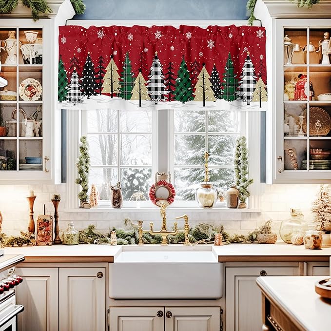 Red Merry Christmas Valance Curtains for Kitchen Windows Green Christmas Tree Rod Pocket Window Treatment Toppers for Kitchen/Living Room/Bedroom/Bathroom, 60" X 18", White Snow Forest Winter