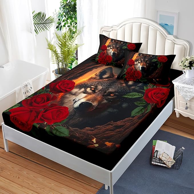 AILONEN Girls Wolf Fitted Sheet Set Queen Size, 3 Pieces Bedding Set Red Rose Wolf Sheet Set for Women Teen Kids,Wildlife Bed Sheet Set Wolf Fitted Sheet with 2 Pillowcases