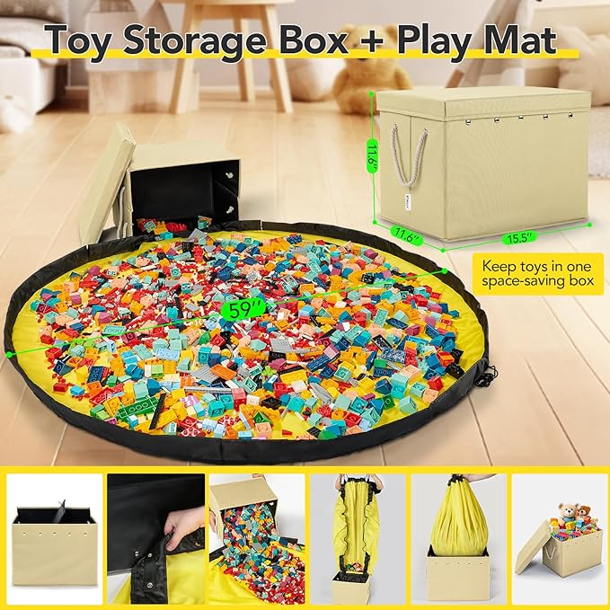 Toy Storage Organizer and Play Mat for Kids - Foldable Organizer Storage Bins with Lids - Detachable Mat Storage Bag Kids Toy Box for Boys, Girls, Nursery, Playroom 11.6''x11.6''x15.5''(Beige)