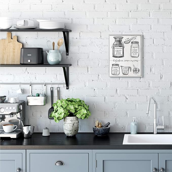 Stupell Industries Kitchen Conversion Chart Neutral Grey Word Drawing, Design by Artist Daphne Polselli Wall Art, 11x14, Off- White