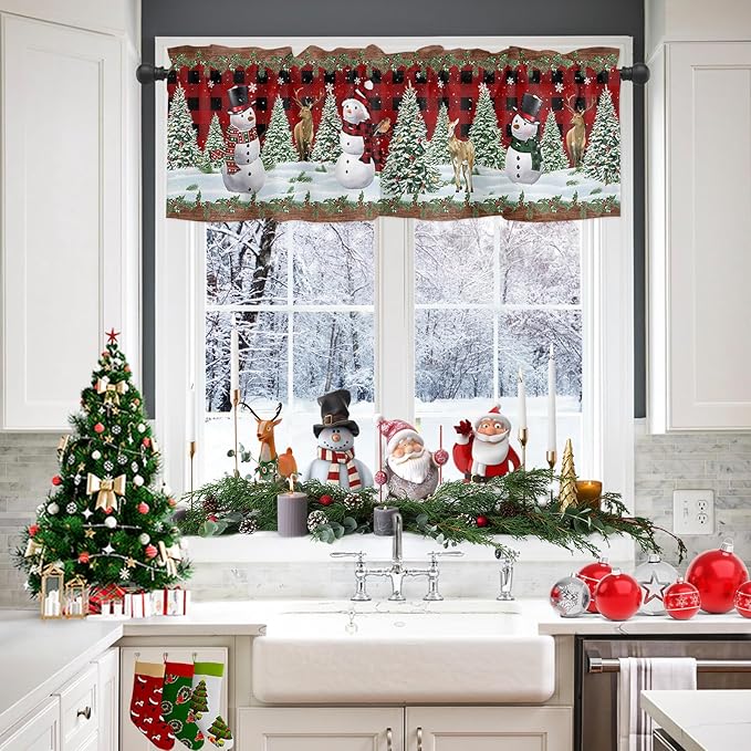 Christmas Snowman Valance Kitchen Curtains for Windows, Christmas Tree Rod Pocket Valances Window Treatments Red Xmas Snowy Winter Short Curtains For Bedroom/ Living Room, 54" X 18" -1 Panel