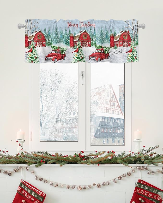 Red Truck Christmas Valance Curtains for Kitchen Windows Merry Christmas Farmhouse Rod Pocket Window Treatment Toppers for Kitchen/Living Room/Bedroom/Bathroom, 54" X 18", Winter Xmas Tree