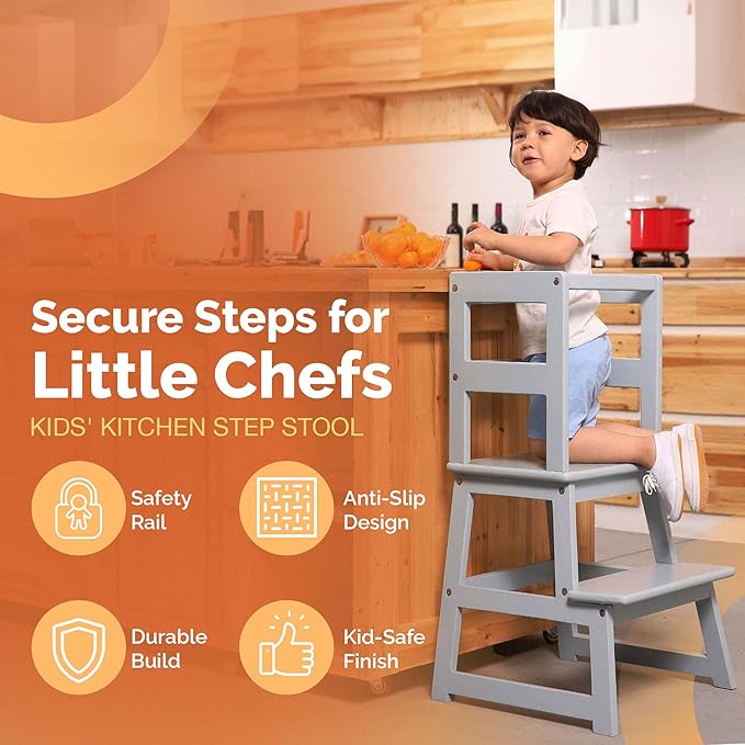 SDADI Kids Kitchen Step Stool Holds up to 150 Pounds with Safety Rail, Wide Platform Design, 4 Anti Slip Strips for 18 to 36 Months Old, Gray