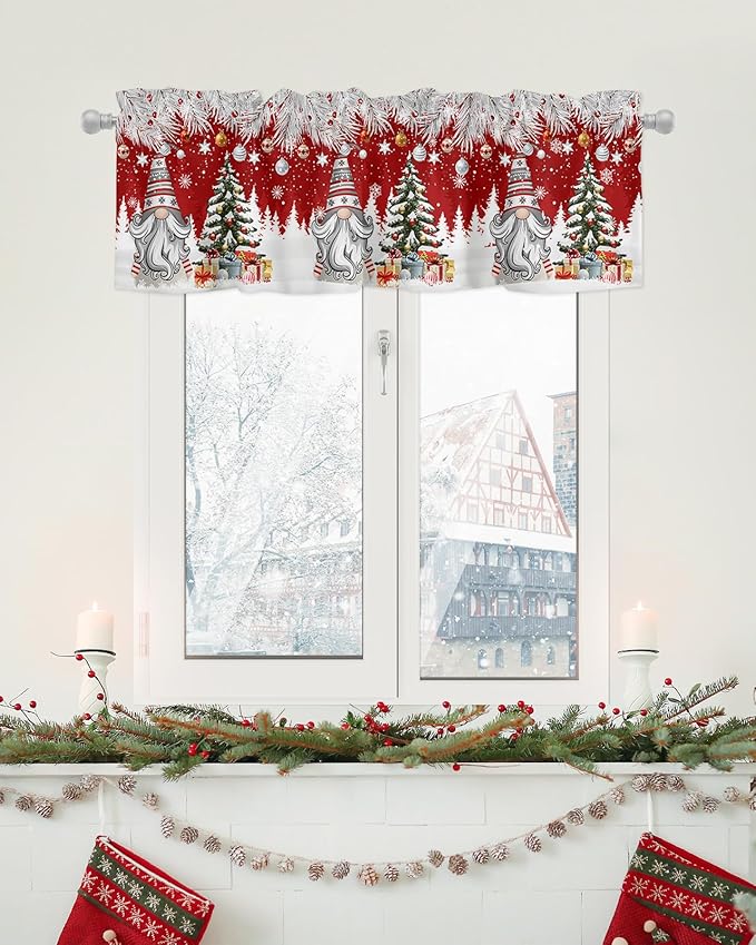 Christmas Gnome Valance Curtains for Kitchen Windows Winter Merry Christmas Tree Balls Rod Pocket Window Treatment Toppers for Kitchen/Living Room/Bedroom/Bathroom, 42" X 12", Red