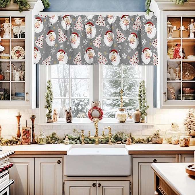 Grey Christmas Valance Curtains for Kitchen Windows Santa Claus Merry Christmas Tree Rod Pocket Window Treatment Toppers for Kitchen/Living Room/Bedroom/Bathroom, 42" X 12", Winter Snowflake