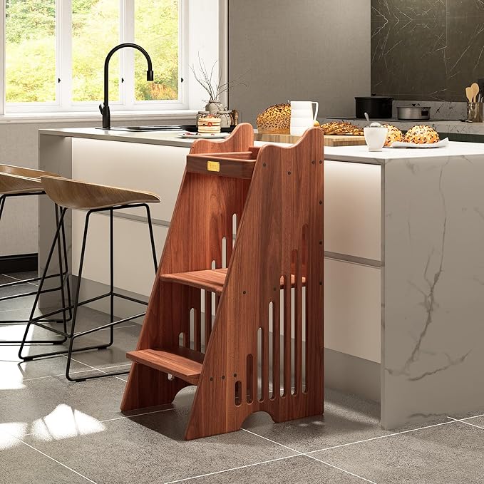 CONSDAN Toddler Tower, USA Grown Solid Hardwood, Kitchen Step Stool for Toddlers, Kids Standing Tower Kitchen Toddler Learning Stool, Kitchen Stool with Safety Rail for Kitchen Counter