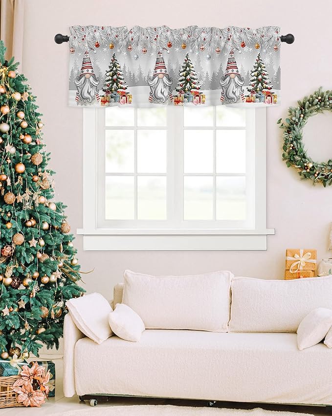 Christmas Gnome Valance Curtains for Kitchen Windows Winter Merry Christmas Tree Balls Rod Pocket Window Treatment Toppers for Kitchen/Living Room/Bedroom/Bathroom, 42" X 18", Grey