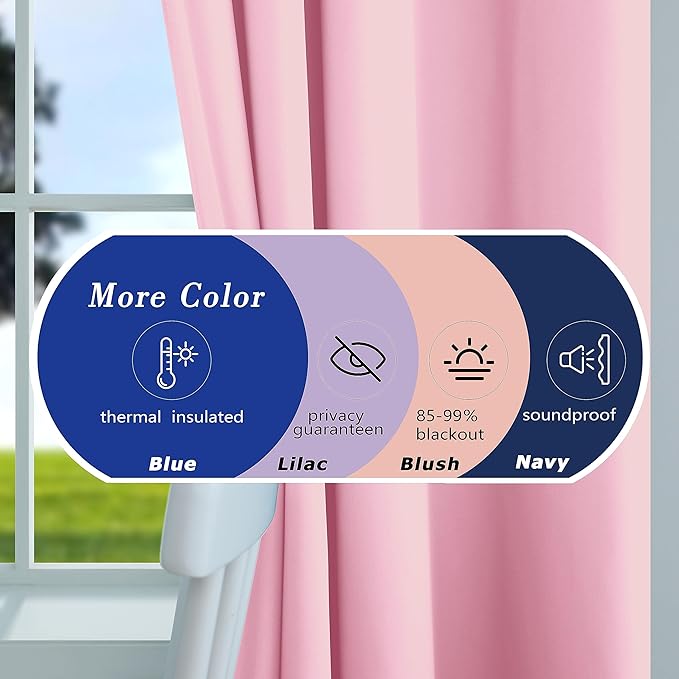 Mrs.Naturall Baby Pink Blackout Curtains for Nursery Bedroom,Thermal Insulated Block Heat Light Blocking Room Darkening Window Curtain for Girls Bedroom Kids,63 Inch Length 2 Panels
