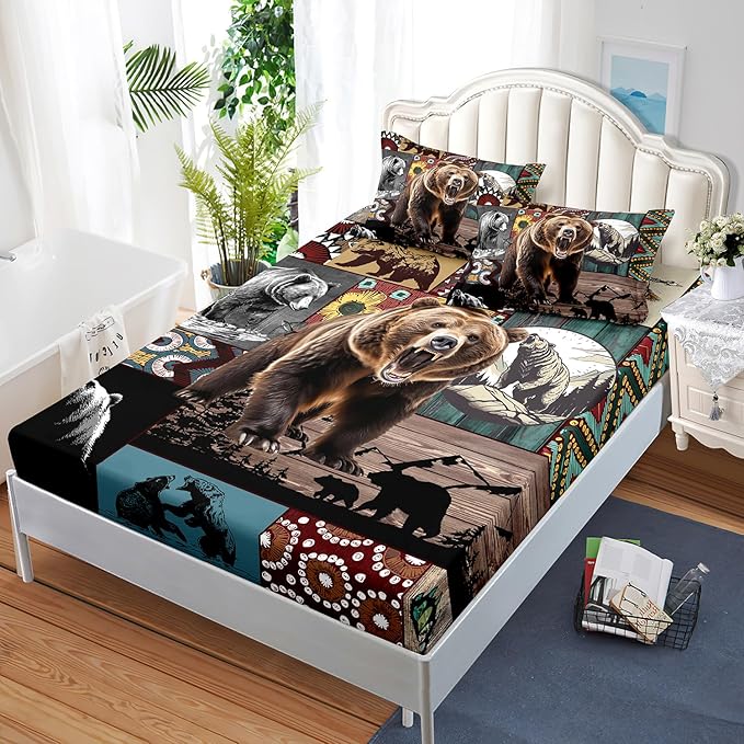 AILONEN Roaring Bear Fitted Sheet Set Twin XL Size, Rustic Cabin Bed Sheet Set,Wildlife Bedding Grey Bear Plaid Sheet Set,3 Pieces Teen Men Boys Bed Sheet Set,1 Fitted Sheet with 2 Pillowcases