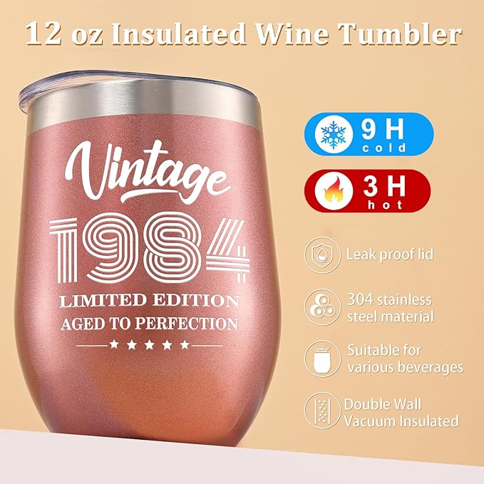 Lifecapido 40th Birthday Gifts for Women, Vintage 1984 Limited Edition Insulated Wine Tumbler with Wine Bag, 40 Year Old 40th Birthday Presents Christmas Gifts for Sisters Wine Lover Friends, 12 oz