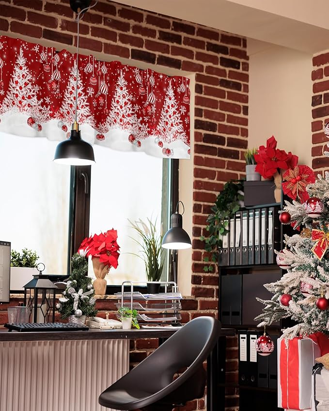 Red Christmas Valance Curtains for Kitchen Windows White Xmas Tree Snowflakes Red Balls Rod Pocket Window Treatment Toppers for Kitchen/Living Room/Bedroom/Bathroom, 60" X 18", Winter