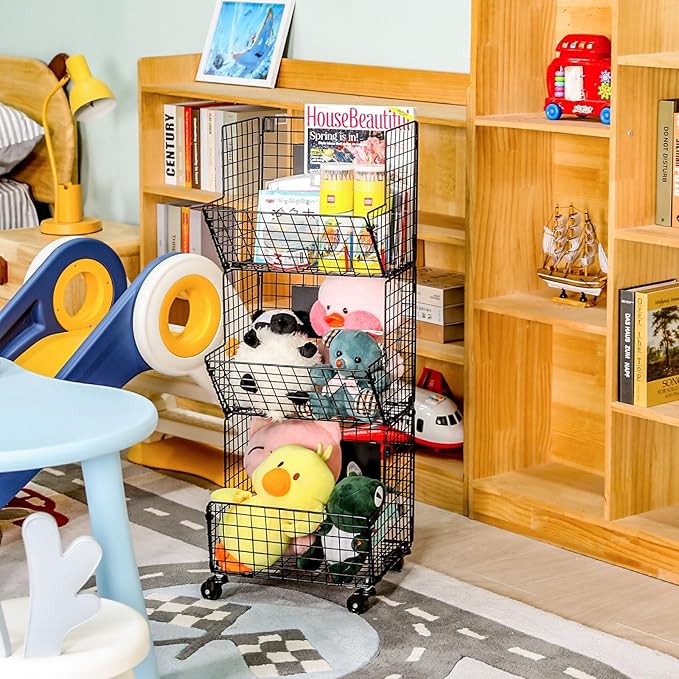 Sonyabecca Toy Organizer Basket Shelf with Wheel, S-Hooks, Rolling Cart Hanging Storage Baskets for Child Room, Playroom, Bedroom, Kitchen (Black)
