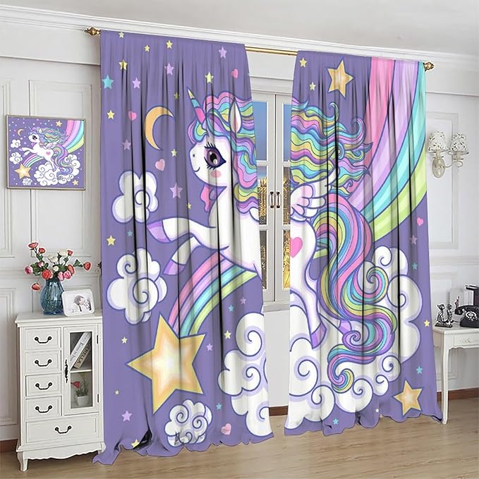 Kids Unicorn Curtains Purple Cartoon Rainbow Cartoon Room Blackout Curtains Boys Girls Baby Room Decor Curtains Living Room Decor 84x84 Inch 2 Panels